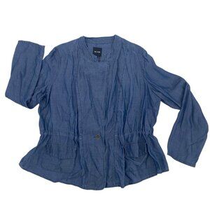 Nic + Zoe Size L Blue Chambray Collared Open Front Long Sleeve Lightweight Top